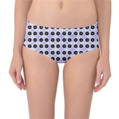 Black Flower  On Purple White Pattern Mid-waist Bikini Bottoms by BrightVibesDesign