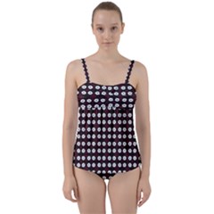 White Flower Pattern On Pink Black Twist Front Tankini Set by BrightVibesDesign