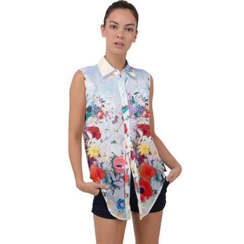 Floral Bouquet Sleeveless Chiffon Button Shirt by Sobalvarro