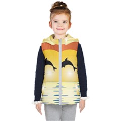 Ocean Sunset Dolphin Palm Tree Kids  Hooded Puffer Vest by Simbadda
