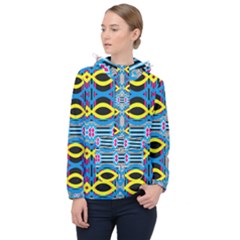 Yellow And Blue Ovals                                     Women Hooded Front Pocket Windbreaker by LalyLauraFLM