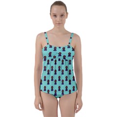 Nerdy 60s  Girl Pattern Aqua Twist Front Tankini Set