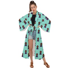 Nerdy 60s  Girl Pattern Aqua Maxi Kimono by snowwhitegirl