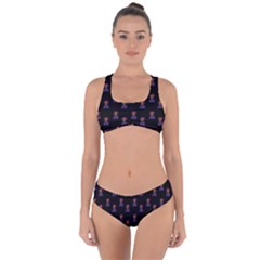 Nerdy 60s  Girl Pattern Black Criss Cross Bikini Set