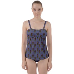 Nerdy 60s  Girl Pattern Light Grey Twist Front Tankini Set