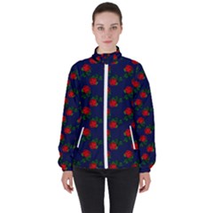 Red Roses Dark Blue Women s High Neck Windbreaker