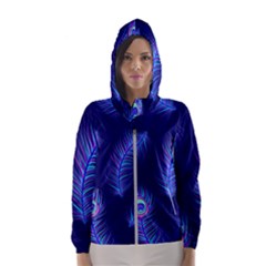 Seamless Pattern With Colorful Peacock Feathers Dark Blue Background Women s Hooded Windbreaker