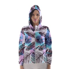 Hand Drawn Feathers Seamless Pattern Women s Hooded Windbreaker