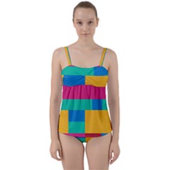 Rainbow Color Blocks Twist Front Tankini Set