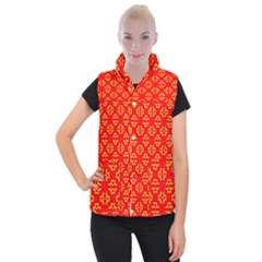 Red Background Yellow Shapes Women s Button Up Vest by Simbadda