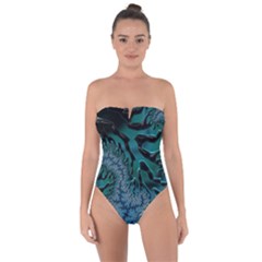 Creative Wing Abstract Texture River Stream Pattern Green Geometric Artistic Blue Art Aqua Turquoise Tie Back One Piece Swimsuit by Vaneshart