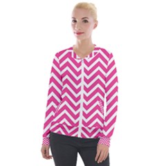 Chevrons Zigzag Pattern Design Pink White Velour Zip Up Jacket by Wegoenart