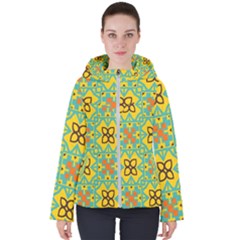 Flowers In Squares Pattern                                              Women s Hooded Puffer Jacket