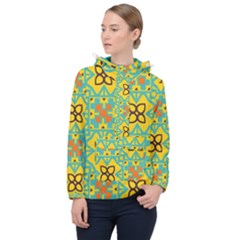 Flowers In Squares Pattern                                               Women Hooded Front Pocket Windbreaker by LalyLauraFLM