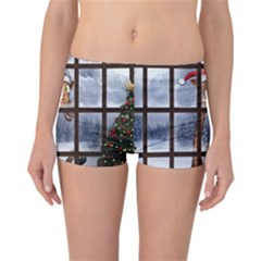 Funny Giraffe  With Christmas Hat Looks Through The Window Reversible Boyleg Bikini Bottoms by FantasyWorld7