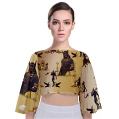 Anubis The Egyptian God Pattern Tie Back Butterfly Sleeve Chiffon Top by FantasyWorld7