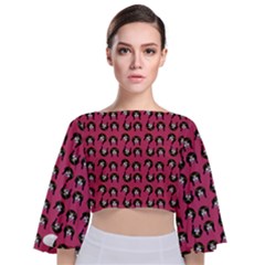 Retro Girl Daisy Chain Pattern Pink Tie Back Butterfly Sleeve Chiffon Top