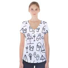 Black And White Summer Vector Pattern Short Sleeve Front Detail Top