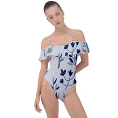 Dark Tone Plant Pattern Frill Detail One Piece Swimsuit by Vaneshart