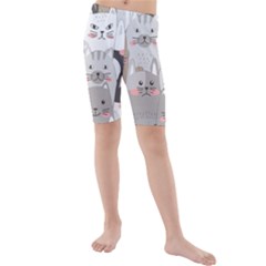 Hand Draw Cats Seamless Pattern Kids  Mid Length Swim Shorts