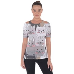 Hand Draw Cats Seamless Pattern Shoulder Cut Out Short Sleeve Top
