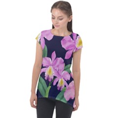 Vector Hand Drawn Orchid Flower Pattern Cap Sleeve High Low Top by Sobalvarro