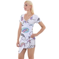 Cute Unicorns With Magical Elements Vector Short Sleeve Asymmetric Mini Dress by Sobalvarro