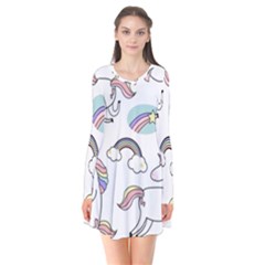 Cute Unicorns With Magical Elements Vector Long Sleeve V-neck Flare Dress by Sobalvarro