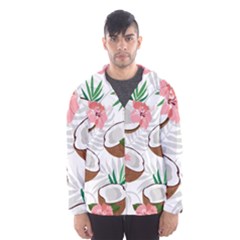 Seamless Pattern Coconut Piece Palm Leaves With Pink Hibiscus Men s Hooded Windbreaker