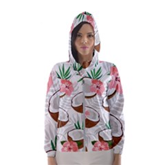 Seamless Pattern Coconut Piece Palm Leaves With Pink Hibiscus Women s Hooded Windbreaker