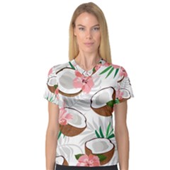 Seamless Pattern Coconut Piece Palm Leaves With Pink Hibiscus V-neck Sport Mesh Tee