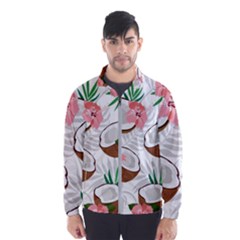 Seamless Pattern Coconut Piece Palm Leaves With Pink Hibiscus Men s Windbreaker