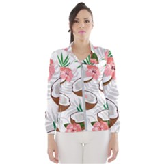 Seamless Pattern Coconut Piece Palm Leaves With Pink Hibiscus Women s Windbreaker