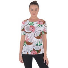 Seamless Pattern Coconut Piece Palm Leaves With Pink Hibiscus Shoulder Cut Out Short Sleeve Top