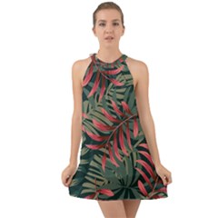 Trending Abstract Seamless Pattern With Colorful Tropical Leaves Plants Green Halter Tie Back Chiffon Dress by Vaneshart