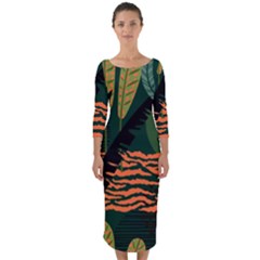 Abstract Seamless Pattern With Tropical Leaves Quarter Sleeve Midi Bodycon Dress