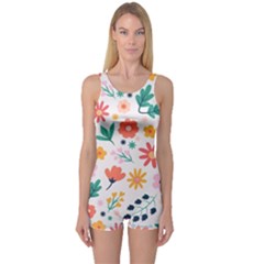 Flat Colorful Flowers Leaves Background One Piece Boyleg Swimsuit