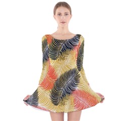 Tropical Seamless Pattern With Exotic Palm Leaves Long Sleeve Velvet Skater Dress