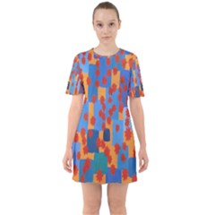 Orange And Blue Design 60s Sixties Short Sleeve Mini Dress by BePrettily