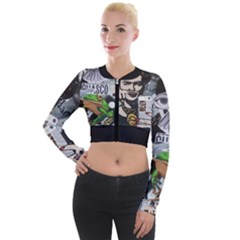 Frida Kahlo Brick Wall Graffiti Urban Art With Grunge Eye And Frog  Long Sleeve Cropped Velvet Jacket by snek