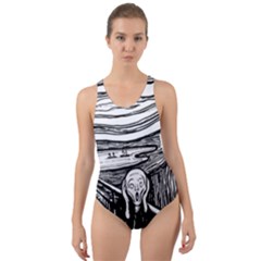 The Scream Edvard Munch 1893 Original Lithography Black And White Engraving Cut-out Back One Piece Swimsuit by snek