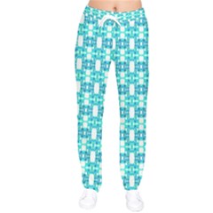 Teal White  Abstract Pattern Women Velvet Drawstring Pants by BrightVibesDesign