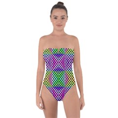 Bright  Circle Abstract Black Pink Green Yellow Tie Back One Piece Swimsuit by BrightVibesDesign