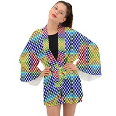 Colorful Circle Abstract White  Blue Yellow Red Long Sleeve Kimono by BrightVibesDesign