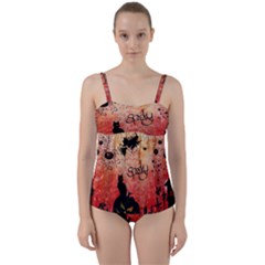 Funny Halloween Design, Cat, Pumpkin And Witch Twist Front Tankini Set by FantasyWorld7