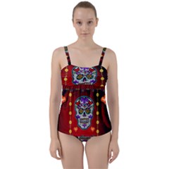Awesome Sugar Skull With Hearts Twist Front Tankini Set by FantasyWorld7