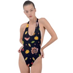 Thanksgiving Turkey Pattern Backless Halter One Piece Swimsuit by Valentinaart