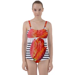 Tulip Watercolor Red And Black Stripes Twist Front Tankini Set