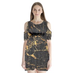 Black Marble Texture With Gold Veins Floor Background Print Luxuous Real Marble Shoulder Cutout Velvet One Piece