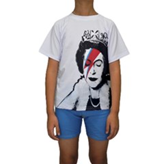 Banksy Graffiti Uk England God Save The Queen Elisabeth With David Bowie Rockband Face Makeup Ziggy Stardust Kids  Short Sleeve Swimwear by snek